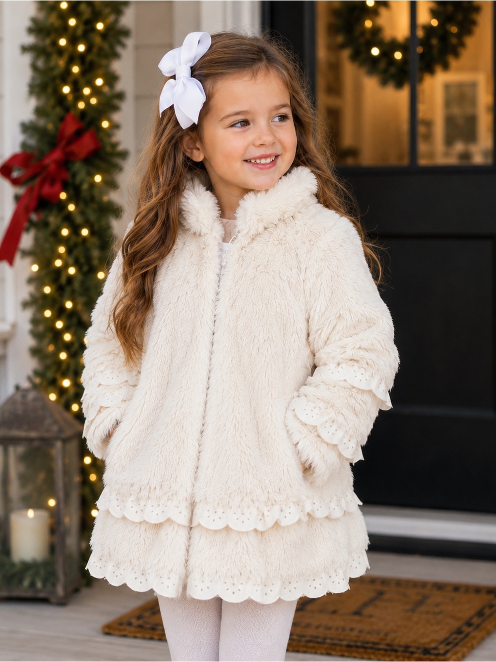 The Children’s Place 1989 Girls Faux Fur Coat Ivory Belted Ruffle Size 5/6